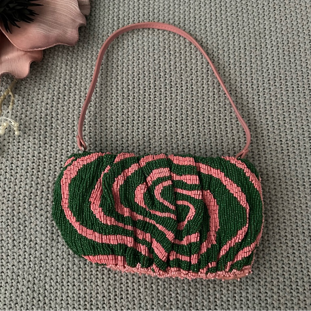 STAUD Beaded Bean Emerald Quartz Acid Swirl Clutch Mini Bag - Picture 4 of 17